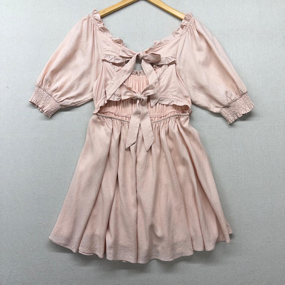 Pink Linen Blend Puff Sleeve Mini Dress OpenBack L Cottagecore Coquette Babydoll - Picture 5 of 13